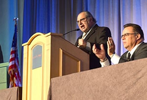 Florida state Rep. Joe Geller (D - Dist. 100) delivers his speech Aug. 6 during the Hollywood, Fla., regional meeting as TD Vice President John England and TD President John Previsich applaud at right.